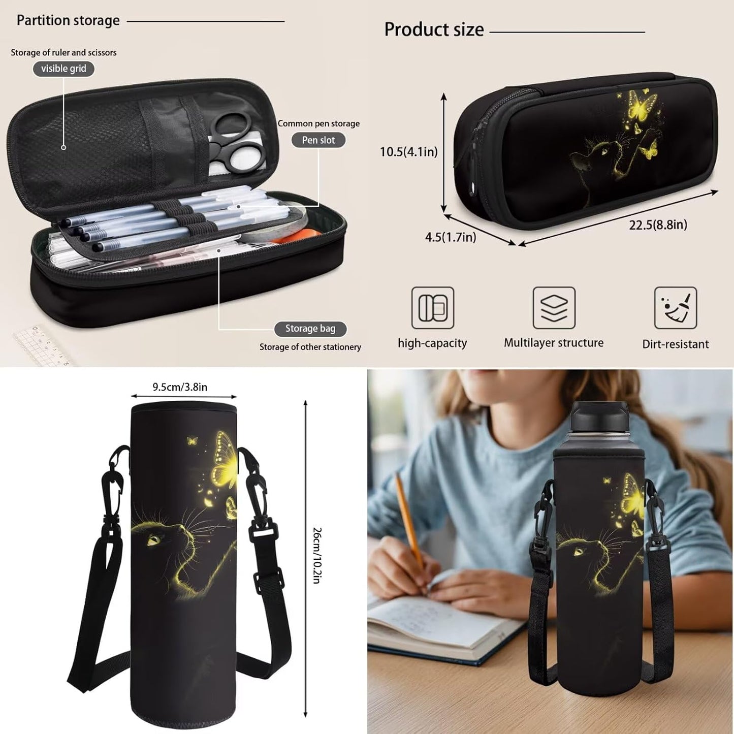Highland Cow Backpack with Lunch Box Set for Kids Sunflower School Backpack for Girls Boys Back to School Bag Student Travel Backpacks Reusable Utensils Pen Case Water Bottle Bag 5PCS