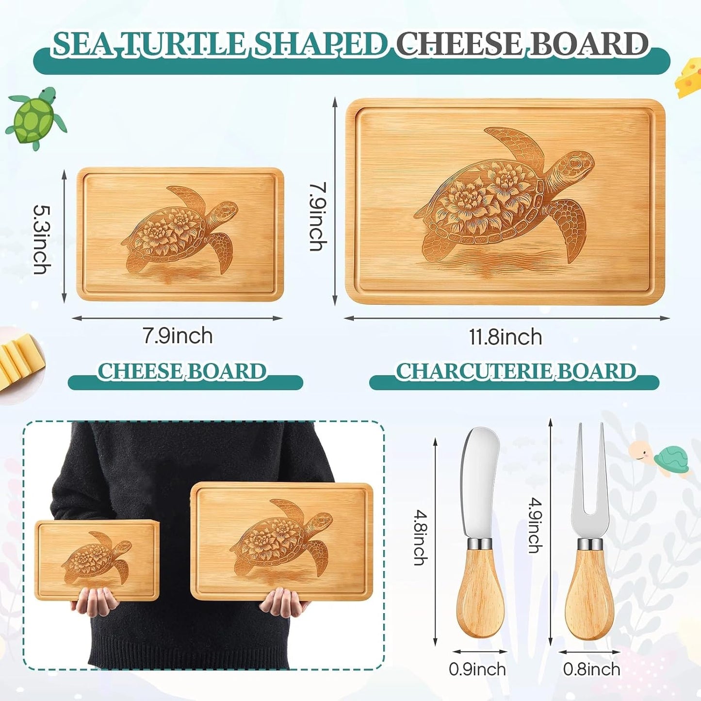 Ziliny Sea Turtle Shaped Cheese Board Set Small Charcuterie Cutting Board Wooden Platter with Knives Forks Funny Serving Trays Turtle Gift for women Christmas Party Kitchen Decoration
