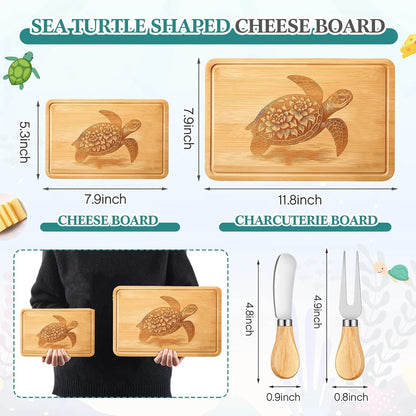 Ziliny Sea Turtle Shaped Cheese Board Set Small Charcuterie Cutting Board Wooden Platter with Knives Forks Funny Serving Trays Turtle Gift for women Christmas Party Kitchen Decoration