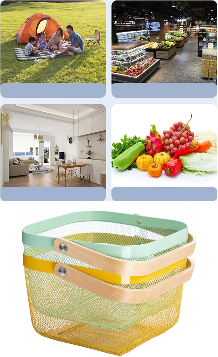 AJIODA Metal Mesh Steel Basket, Storage Organizer Basket Multi-functional Hanging Kitchen Baskets Fruit Basket Bin with Bamboo Handle for Kitchen Bathroom Picnic Shopping Decor Cabinet Home, Blue