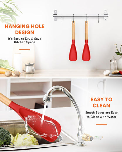 Cooking Spoon for Nonstick Cookwares, Great for Cooking and Serving Sturdy BPA-Free Matte Silicone, Wood Handle Spoon for Mixing, Scoop, and Scrape (Black & Grey, 11.4 inch)