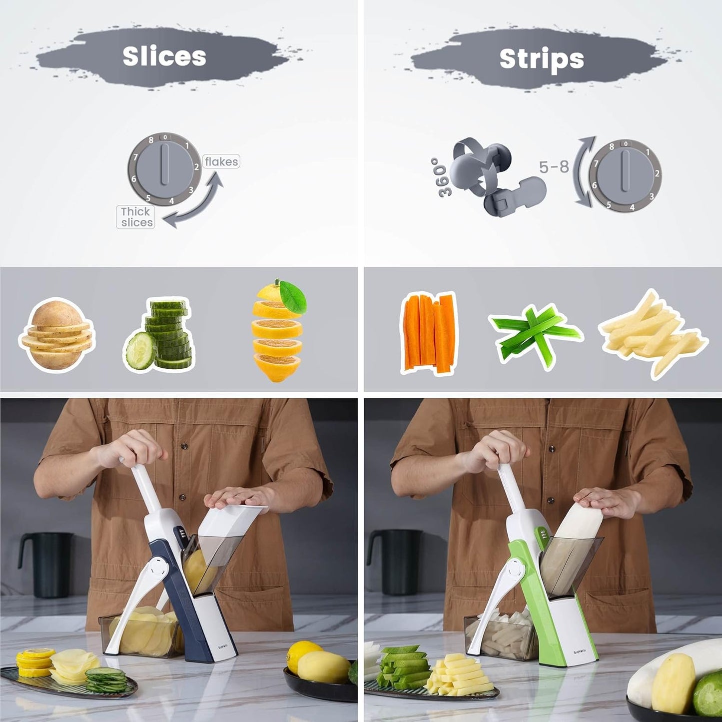 SUPMAKIN Safe Mandoline Slicer, Adjustable Vegetable Food Slicer and Chopper, Potato Fries Fry Cutter, Veggie Salad Chopper, New Kitchen Chopping Artifact Gifts 2026 (SliverGray)