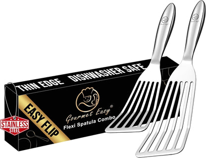 Stainless Steel Fish Spatula Set – 1 Large Fish Turner + 1 Small Metal Spatula, Ultra-Thin Edge for Easy Turning & Flipping, Metal Kitchen Utensils with Ergonomic Non-Slip Handle, Dishwasher Safe