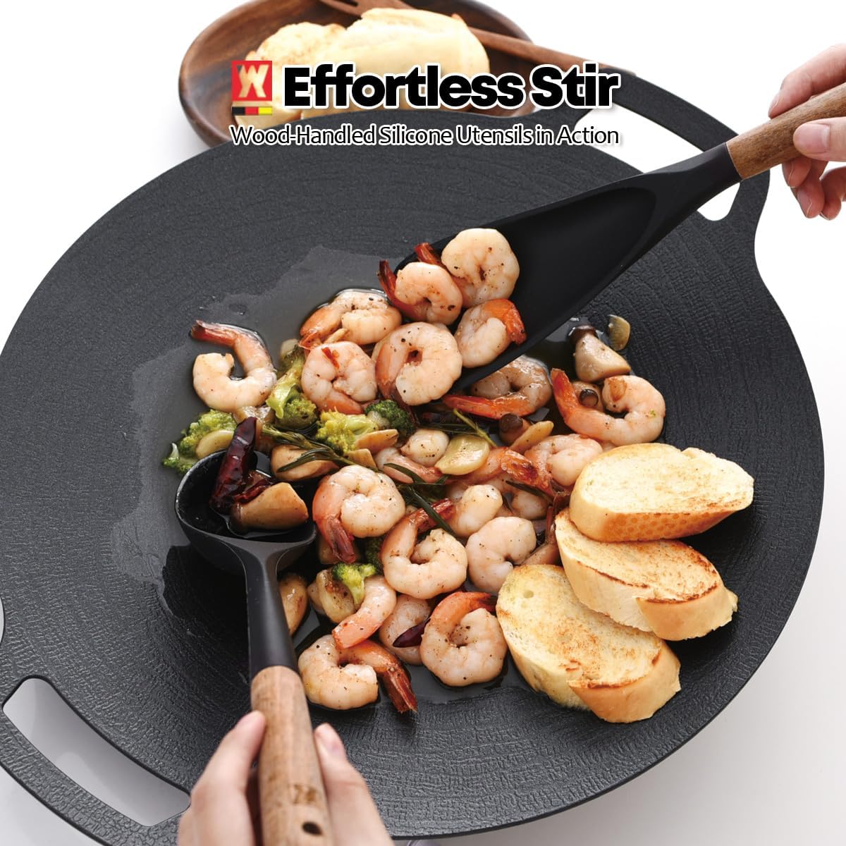 Cooking Ladle: Silicone Kitchen Utensil with Long Wooden Handles, Heat Resistant Cookware, Protects Surfaces with Gentle Head Design, Portion Batter, Professional Chef Wok Soup Ladle