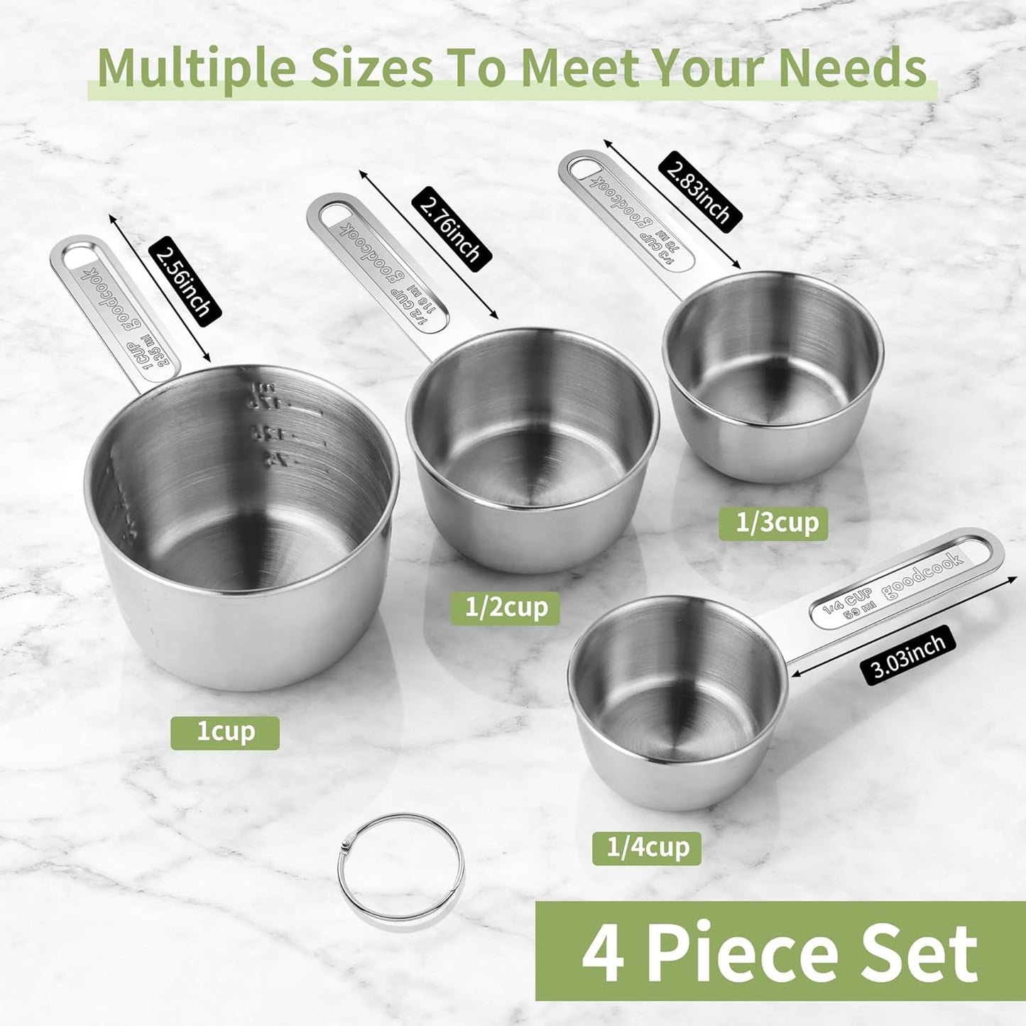'-BINGBING- Measuring Cups of 4, Stainless Steel Measuring Cups, Stackable | Stainless Steel Cups with Metal Handle for Dry and Liquid Ingredients, Ideal for Cooking & Baking
