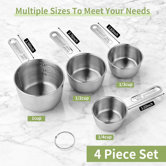 '-BINGBING- Measuring Cups of 4, Stainless Steel Measuring Cups, Stackable | Stainless Steel Cups with Metal Handle for Dry and Liquid Ingredients, Ideal for Cooking & Baking