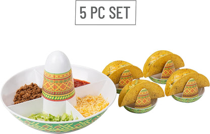 Mind Reader Taco Holders and Divided Serving Carousel Set, Taco Tuesday, Melamine, 12.5"Lx 12.5"W x 8.25"H, 5 pcs, White