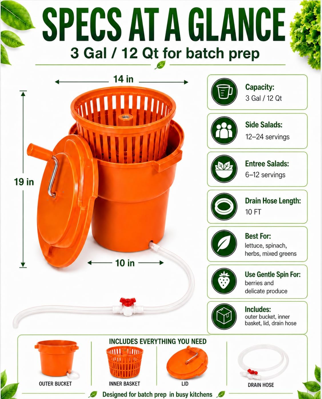 Commercial Salad Spinner - 3 Gallon Large Capacity Lettuce Dryer with 10 Ft Drain Hose & Stop Valve, 12Qt Manual Vegetable Spinner for Restaurants, Catering and Meal Prep