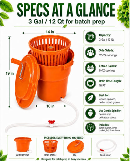 Commercial Salad Spinner - 3 Gallon Large Capacity Lettuce Dryer with 10 Ft Drain Hose & Stop Valve, 12Qt Manual Vegetable Spinner for Restaurants, Catering and Meal Prep