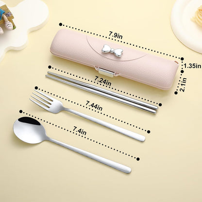 DEVICO Travel Silverware Set with Case, Portable Lunch Utensils Set for Work, Reusable Travel Cutlery Set, 18/8 Stainless Steel Flatware for Caming School Picnic, Dishwasher Safe (Pink)