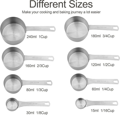 Measuring Cups and Spoons Set, 18/8 Stainless Steel Measuring Cups and Spoons for Kitchen & Baking, Heavy Duty Metric & US 8 Measuring cups, 9 Measuring Spoons Set