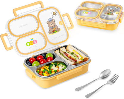 SAYAPE Stainless Steel Bento Lunch Box for Kids, 26.4 oz Leak-Proof 3-Compartment Metal Bento Box, BPA-Free, Cute Cartoon Meal Prep Snack Container with Utensils for School, Office, Travel - Beige