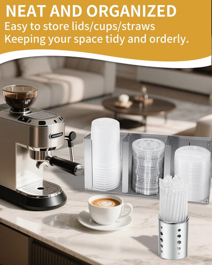 Stainless Steel Cup Dispenser,3 Compartments Cup Holder and Lid Holder with Adjustable Dividers,Cup Organizer for Kitchen Cabinets Cafe Shop Restaurant,Includes Straw Holder