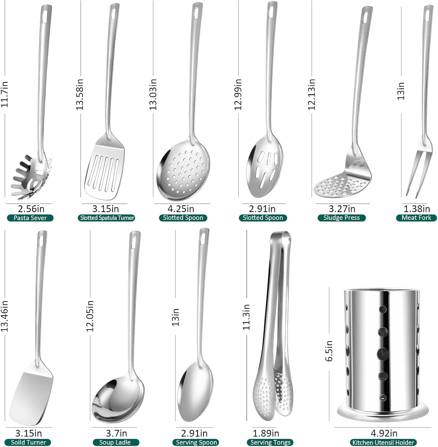 Lazycorner Kitchen Utensils Set, 11pcs Stainless Steel Cooking Utensils Set with Holder – Includes Turners, Potato Masher, Spatula, Spoons, Pasta Server, Tongs, Soup Ladle, Serving Spoon