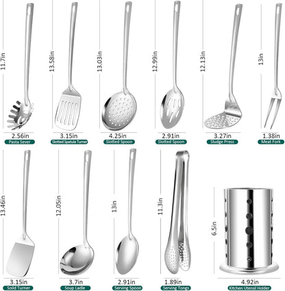 Lazycorner Kitchen Utensils Set, 11pcs Stainless Steel Cooking Utensils Set with Holder – Includes Turners, Potato Masher, Spatula, Spoons, Pasta Server, Tongs, Soup Ladle, Serving Spoon