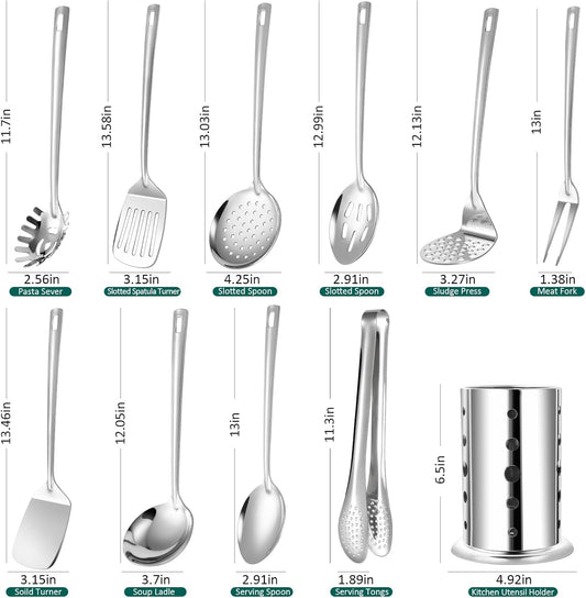 Lazycorner Kitchen Utensils Set, 11pcs Stainless Steel Cooking Utensils Set with Holder – Includes Turners, Potato Masher, Spatula, Spoons, Pasta Server, Tongs, Soup Ladle, Serving Spoon