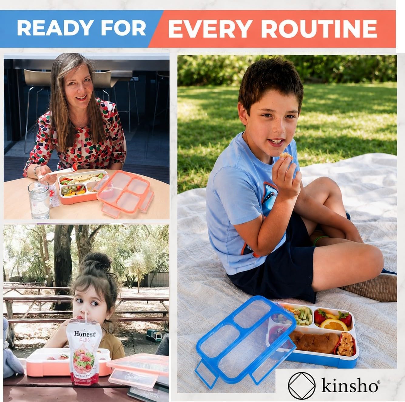 kinsho Bento Lunch-Box for Adults Kids Lunches, Portion Control Container Boxes for Women Girls Boys | Leak-Proof Snack Containers, BPA-Free Utensils 5 Compartments | Blue & Green 2 Pack Set