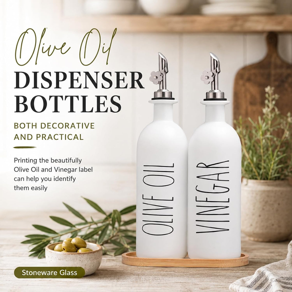 HOMCDALY Premium Olive Oil Dispenser for Kitchen, 11.8oz Glass Oil Bottles with Bamboo Tray, White Oil&Vinegar Cruet Set, Kitchen Dispenser Bottles with Pourer| Set of 2 (11.8oz –P–White)