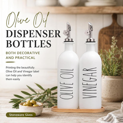 HOMCDALY Premium Olive Oil Dispenser for Kitchen, 11.8oz Glass Oil Bottles with Bamboo Tray, White Oil&Vinegar Cruet Set, Kitchen Dispenser Bottles with Pourer| Set of 2 (11.8oz –P–White)