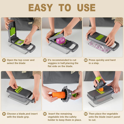 Vegetable Chopper with Container 16-in-1, 7 Blades Food Dicer Veggie Slicer | Onion, Tomato, Salad, Slap, Fruit Cutter with Sharp Stainless Steel Blades, All-in-One Kitchen Prep Tool