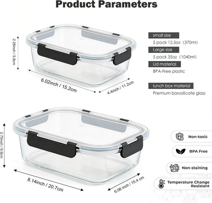 BBV Glass Meal Prep Containers, [10 Pack] Glass Food Storage Containers with Lids, Leak Proof Glass Food Storage Containers with Lids, BPA Free, Microwave Oven Freezer Dishwasher Safe (5color)