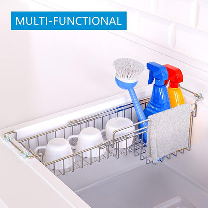 Over The Kitchen Sink Caddy Sponge Holder Organizer Drying Rack Expandable for Sponge Brush Soap Dish Cloth Rag 14.5" to 22", Stainless Steel