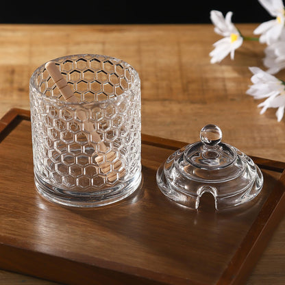 Honey Jars,9 oz Clear Glass Honey Pot Set with Dipper and Lid - Glass Honey Dispenser,Syrup Jar,Containers for Kitchen - Honeypot with Dipper Sticks - Honey Containers (Hexagon)