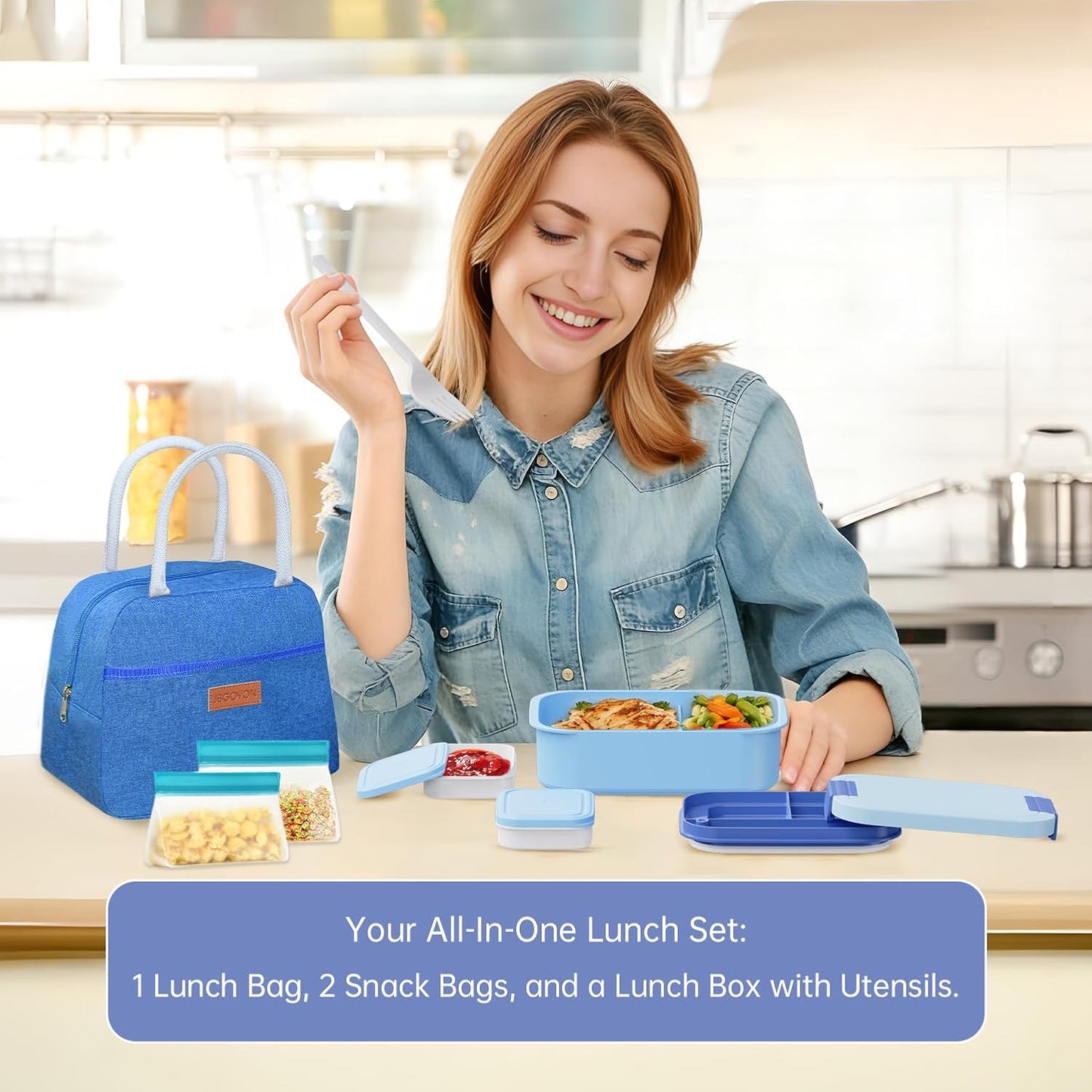JBGOYON Bento Box and Lunch Bag Set, Leak-Proof Lunch Box for Adults and Kids with Built-in Utensils, Insulated for Work School Travel, Microwave & Dishwasher Safe, All-in-One (Purple)