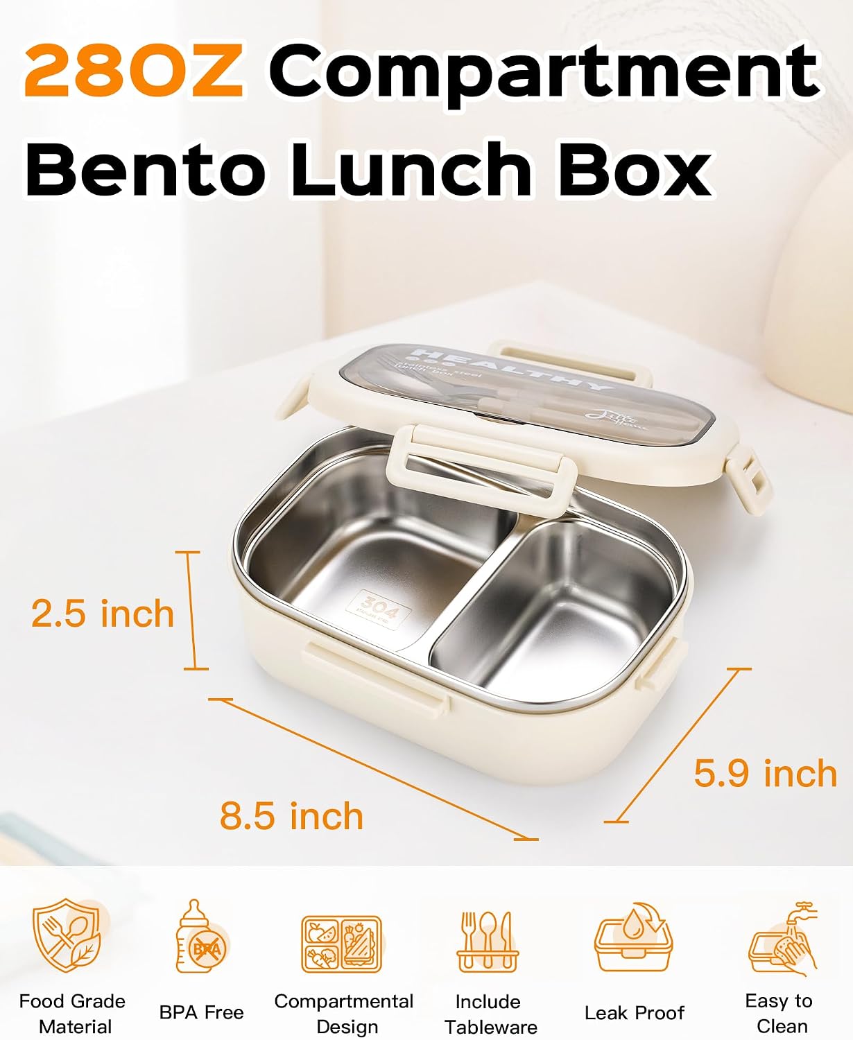 Lille Home 28oz Stainless Steel Leakproof 2-Compartment Bento Lunch Box/Portion Control Food Container with Lunch Bag and Cutlery Set, BPA Free (pink)