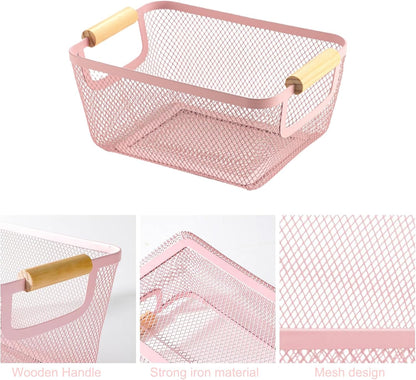 AJIODA Metal Mesh Steel Basket, Large Wire Storage Organizer Basket Multi-function Hanging Kitchen Baskets with Wood Handle for Kitchen Bathroom Picnic Home, Rectangle-Off White