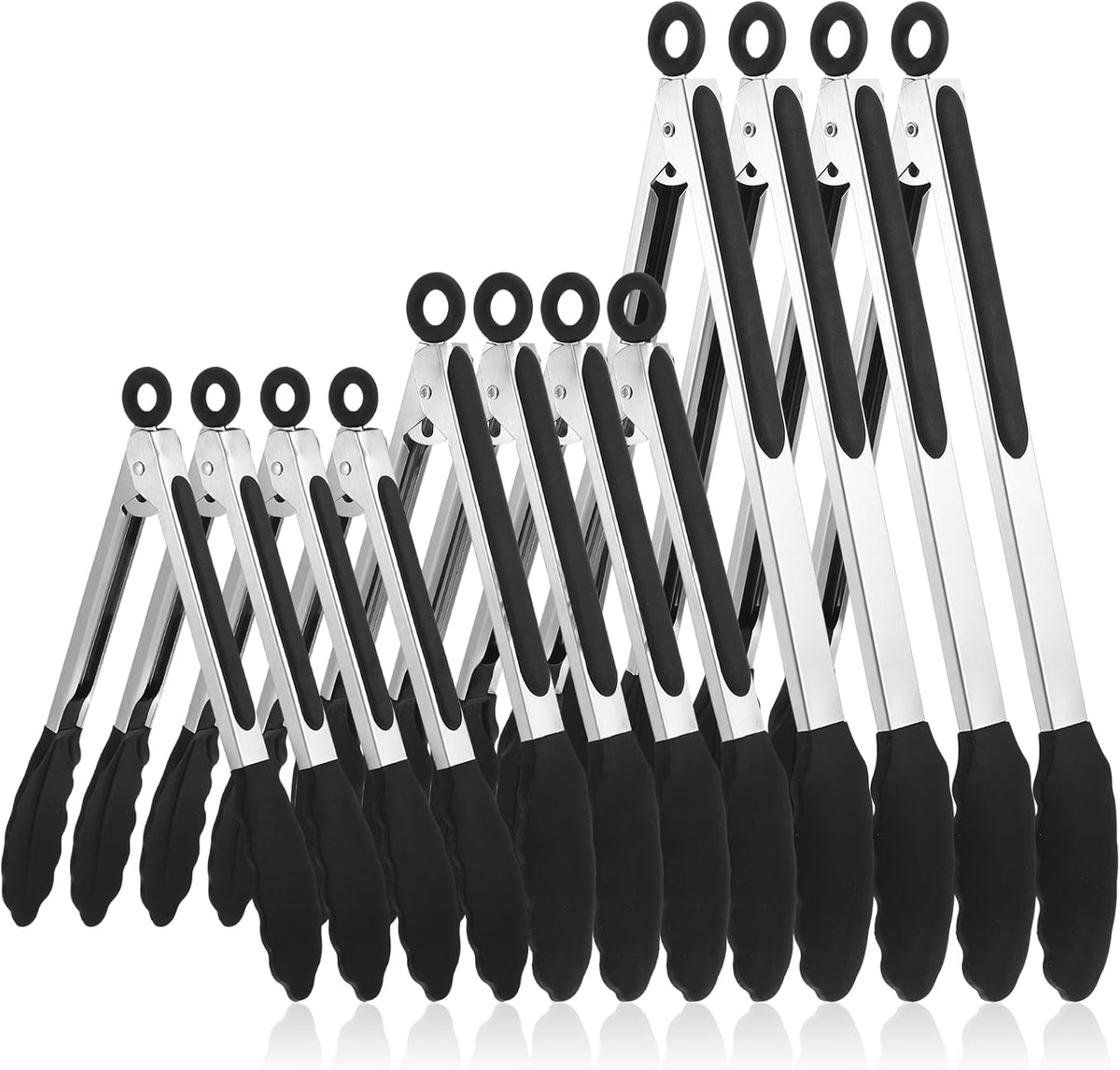 12 Pcs Tongs Set Multiple Sizes 7,9,12 Inches, Rubber Tipped Tongs Stainless Steel & Silicone Heat Resistant for Cooking, Grill, Salad, BBQ, Serving (Black & Silver)