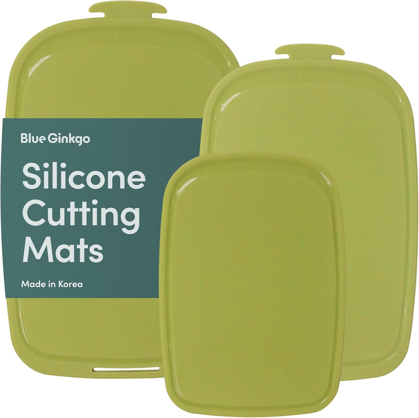 Blue Ginkgo Silicone Cutting Boards – Set of 3 (Small, Medium, Large) – Double-Sided, Thick, Flexible, Non-Slip, BPA Free – Juice Grooves, Dishwasher Safe (Made in Korea, Grey)