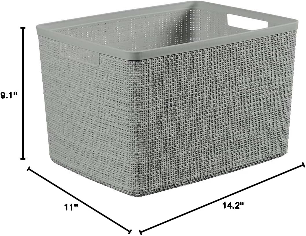 Curver Set of 4 Large 18L Easy Access Jute Decorative Plastic Organization and Storage Baskets - Perfect Bins for Home Office, Closet Shelves, Kitchen Pantry and All Bedroom Essentials, Black