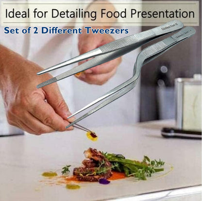 A2Z Chef Precision Tweezers Set of 2 – Stainless Steel Offset & Straight Serrated Tip Tweezers for Food Plating, Garnishing & Culinary Preparation
