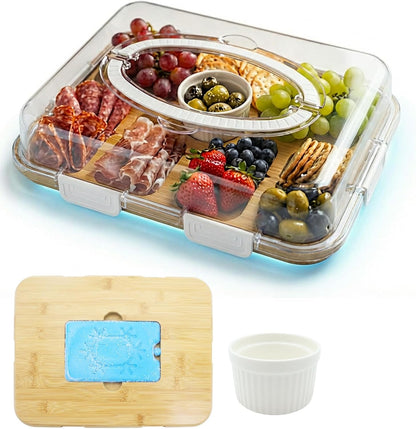 Charcuterie Board with Lid & Ice, Upgraded 6 Snap Laches, Sauce Cup Included, Large Portable Cheese Tray with Handle, Serving Tray for Picnic & Pool, House Warming Gifts New Home (Black)