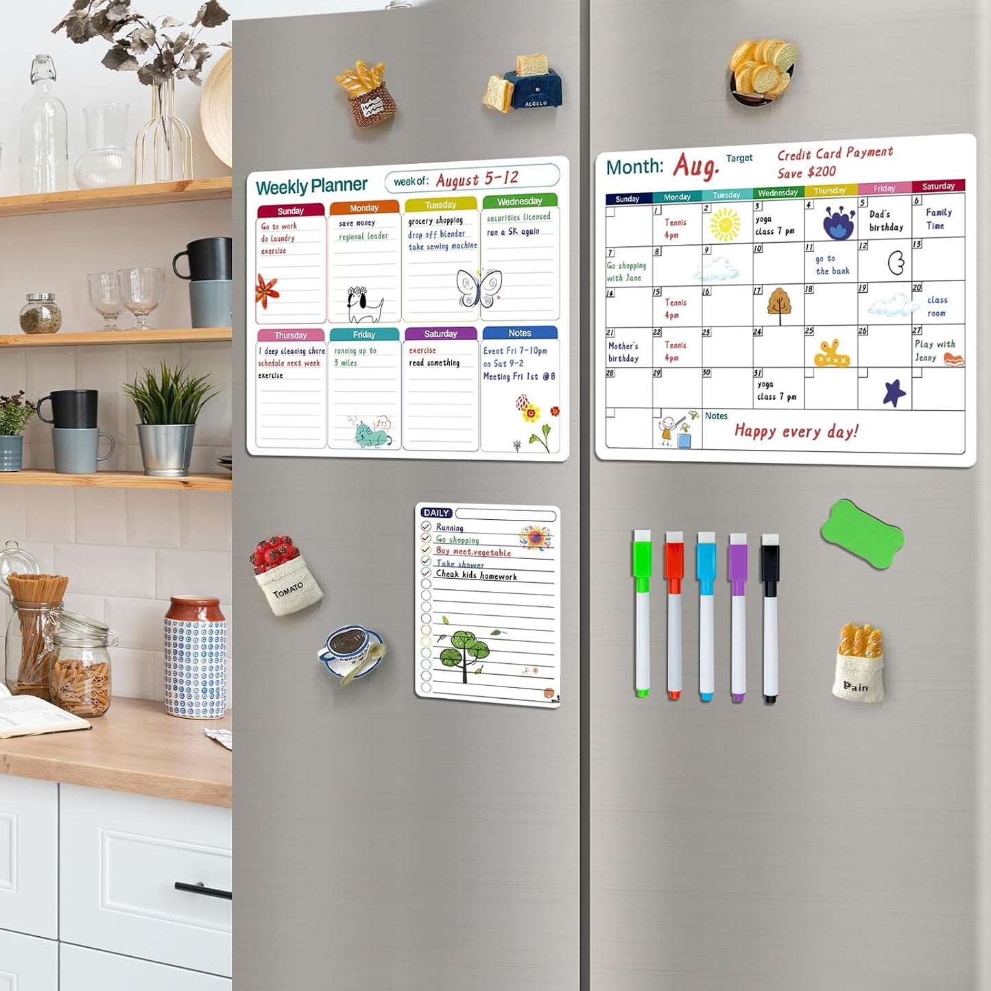 Magnetic Dry Erase Fridge Calendar Whiteboard Set,3 Pack 14.6" x 11" Reusable Refrigerator Calendar for Fridge & Wall-Monthly, Weekly,Daily Planners Refrigerator White Board with 5 Markers and Eraser