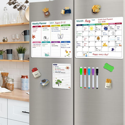 Magnetic Dry Erase Fridge Calendar Whiteboard Set,3 Pack 14.6" x 11" Reusable Refrigerator Calendar for Fridge & Wall-Monthly, Weekly,Daily Planners Refrigerator White Board with 5 Markers and Eraser