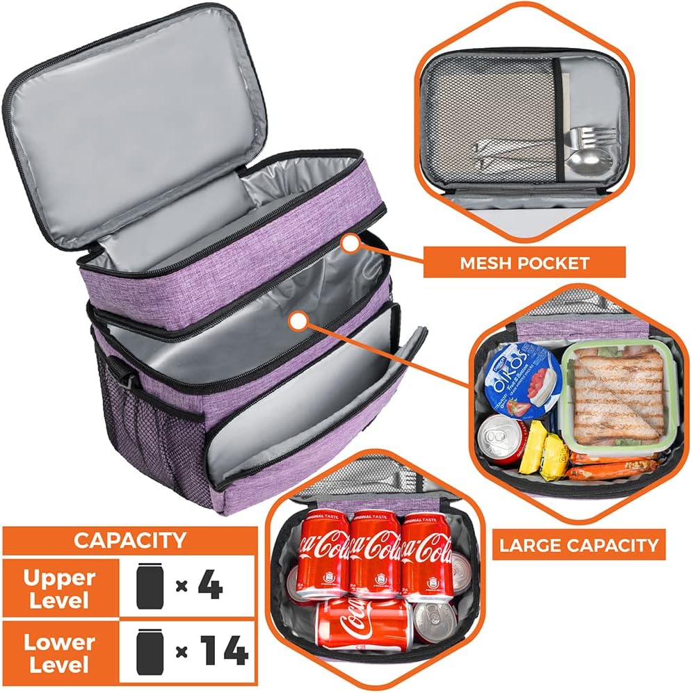 opux Insulated Lunch Bag for Men Women, Large Dual Compartment Cooler Bag, Soft Two Deck Lunch Box for Work School Picnic, Leakproof Lunch Tote with Shoulder Strap for Kid Adult (Purple, Double Deck)