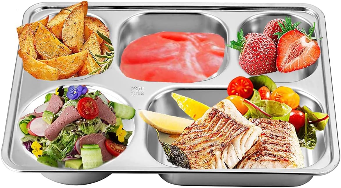 Set of 2 Stainless Steel Rectangular Divided Plates Tray 5 Sections Dinner Plates for Adults - Unbreakable Metal Plate for Campers, and Portion Control Reusable Plate