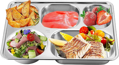 Set of 2 Stainless Steel Rectangular Divided Plates Tray 5 Sections Dinner Plates for Adults - Unbreakable Metal Plate for Campers, and Portion Control Reusable Plate