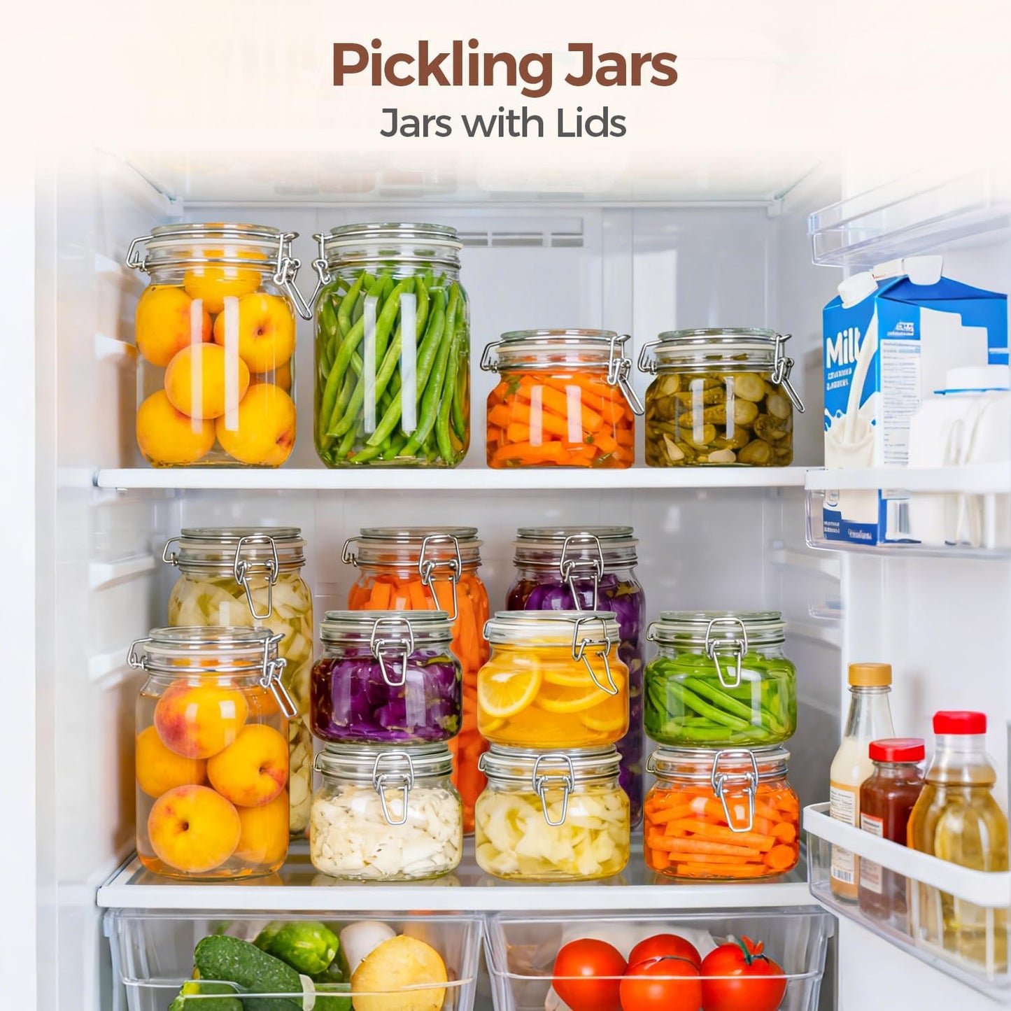 ComSaf Set of 3 Square Glass Jars with Airtight Lids (51 Oz) — Wire Clamp Canisters for Small-Batch Pickling, Kimchi, Bulk Dry Food, Wide Mouth Space Saving Kitchen Pantry Organization Jars