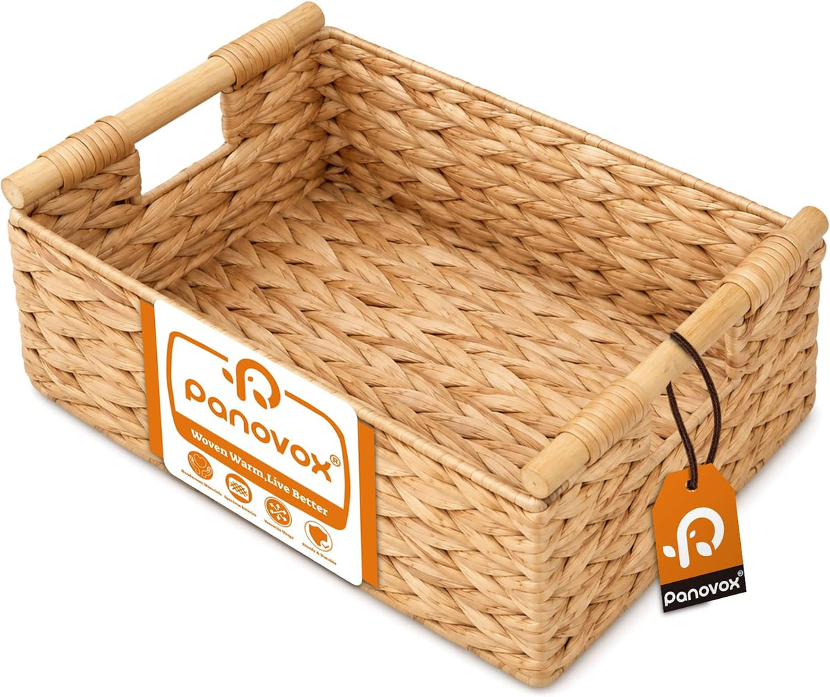 Water Hyacinth Wicker Basket, 13.39*9.45*4.65 Inch Woven Basket with Handles, Wooden Handles Wicker Storage Basket, Rattan Basket for Decorative Baskets, Pantry, Shelves, Gift, Toys - Medium