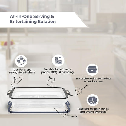Multi-Purpose Serving and Entertaining Tray with Foldable Silicone Lid and Divided Plates, Stainless Steel Serving Set for Kitchen, Camping, BBQ and Outdoor Events