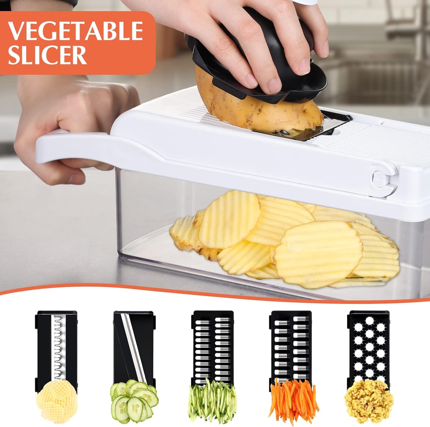 KEOUKE Vegetable Chopper Mandoline Slicer Grey - 12 in 1 Interchangeable Blades Food Chopper with Container, Hand Guard & Drainer, Veggie Dicer Kitchen Gadget for Onion, Cucumber, Tomato, Fruit