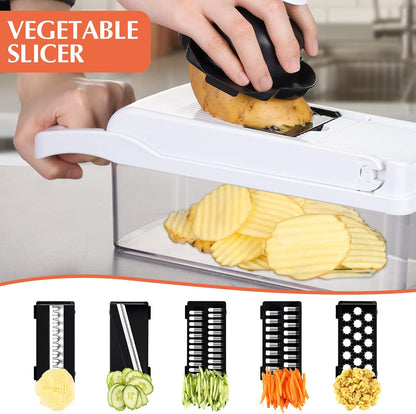 KEOUKE Vegetable Chopper Mandoline Slicer Grey - 12 in 1 Interchangeable Blades Food Chopper with Container, Hand Guard & Drainer, Veggie Dicer Kitchen Gadget for Onion, Cucumber, Tomato, Fruit