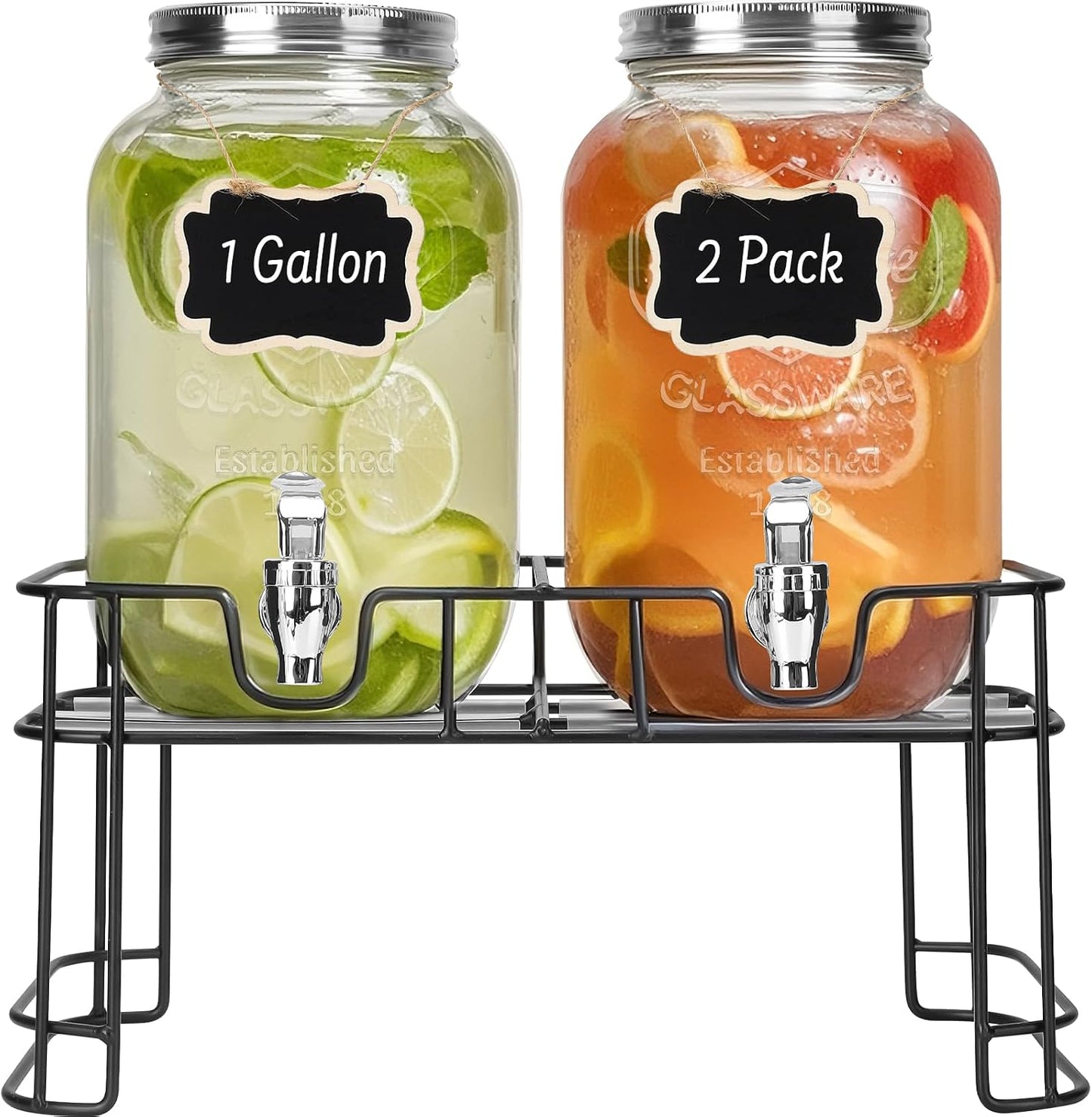 DHSBTLS 2 Gallon Glass Drink Dispensers, 1 Pack Clear Beverage Dispenser for Party, BBQ and Picnic, Juice Dispenser with Ice Core, Black Stand, Spigot, Markers and Chalkboard