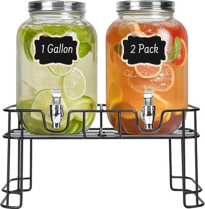 DHSBTLS 2 Gallon Glass Drink Dispensers, 1 Pack Clear Beverage Dispenser for Party, BBQ and Picnic, Juice Dispenser with Ice Core, Black Stand, Spigot, Markers and Chalkboard
