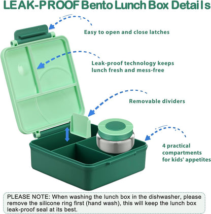 Bento Lunch Box Set for Kids with 8oz Soup Thermo, Leak-Proof Lunch Containers with 4 Compartment, Kids Thermo Hot Food Jar and Insulated Lunch Bag for Kid to School-Black