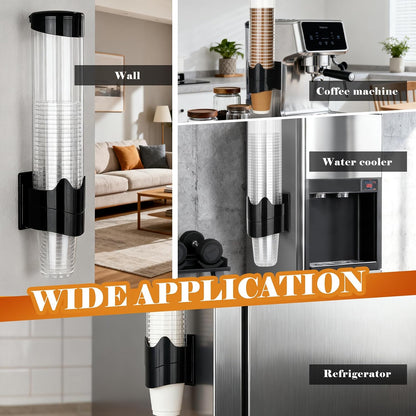 Upgraded Cup Dispenser, Wall Mount Pull Type Water Cooler Cup Holder for 9oz - 12oz Disposable Paper Plastic Cups for Home Office, with Magnetic Mounting Plate (Black)
