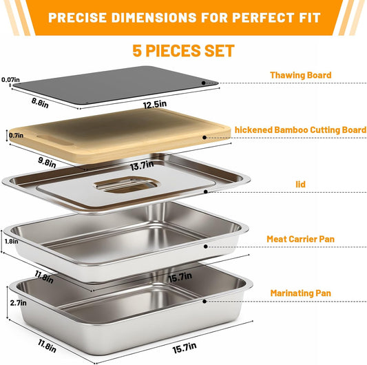 5pcs Grill Prep Trays Sets, Stainless Steel Grilling Prep and Serve Tray, Marinade Container with Lid, Thawing Board, Cutting Board, BBQ Grill Accessories, Grilling Gifts for Mens